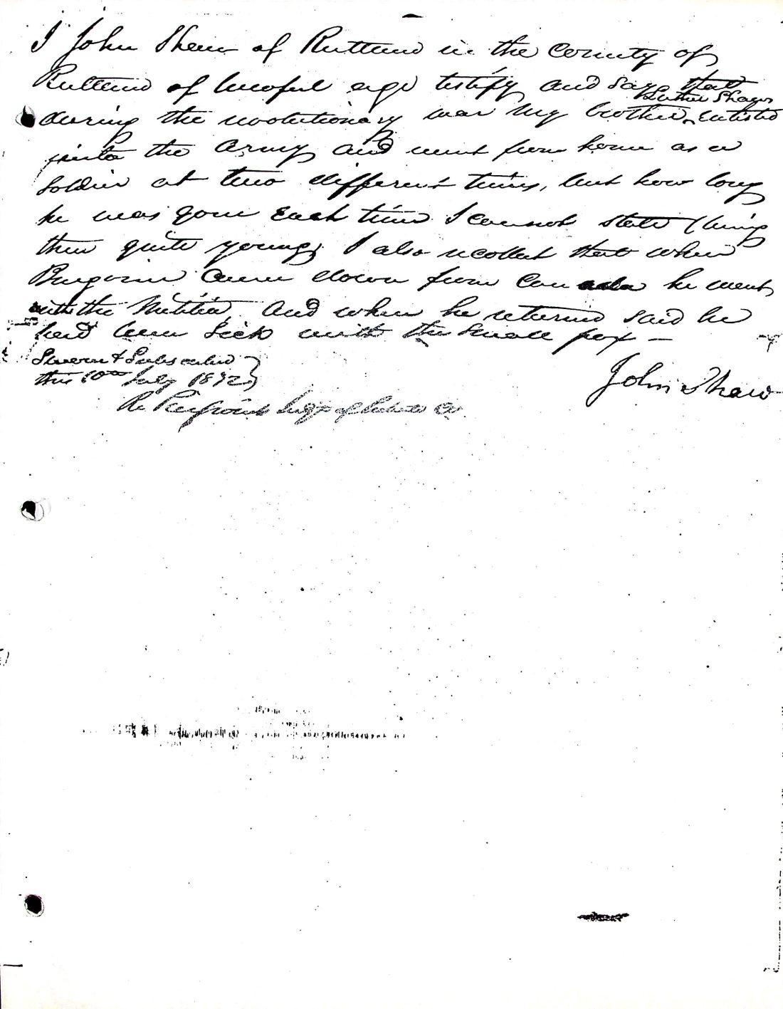 SHAW, Luther (b. 1800 Rutland) 2B service pension application 1832